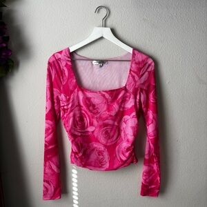 NWOT Rose Print Mesh Long Sleeve Crop Top Women’s Size XL